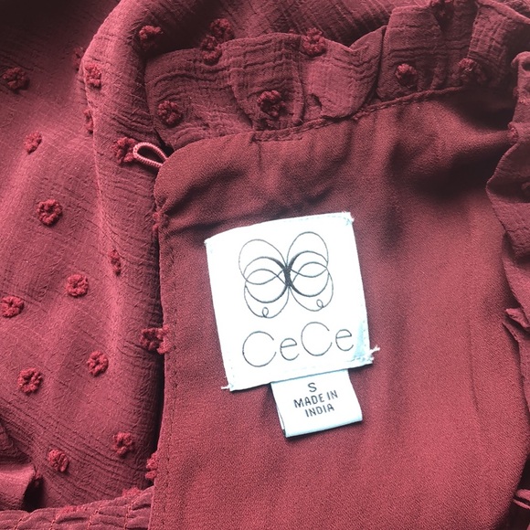 CeCe Women's Ruffled Flutter Sleeve Swiss Dot Midi Dress in Rich Carbernet - Picture 7 of 7